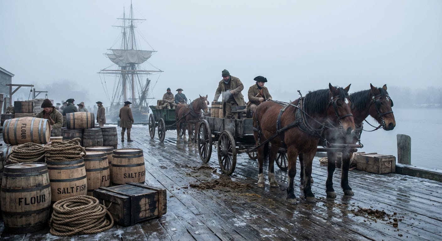 Ultrarealistic historical scene December 1775 Philadelphia river wharf at dawn cold winter light wooden docks slick with frost and moisture piles of rope barrels of flour and salted fish horsedrawn carts with visible manure on muddy ground s_image_1