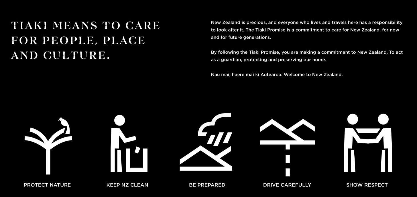 Tiaki Promise principles graphic outlining New Zealand’s responsible tourism values, including protecting nature, keeping the environment clean, being prepared for conditions, driving carefully, and showing respect for local people, culture, and place. Tiaki Promise principles graphic outlining New Zealand’s responsible tourism values, including protecting nature, keeping the environment clean, being prepared for conditions, driving carefully, and showing respect for local people, culture, and place.