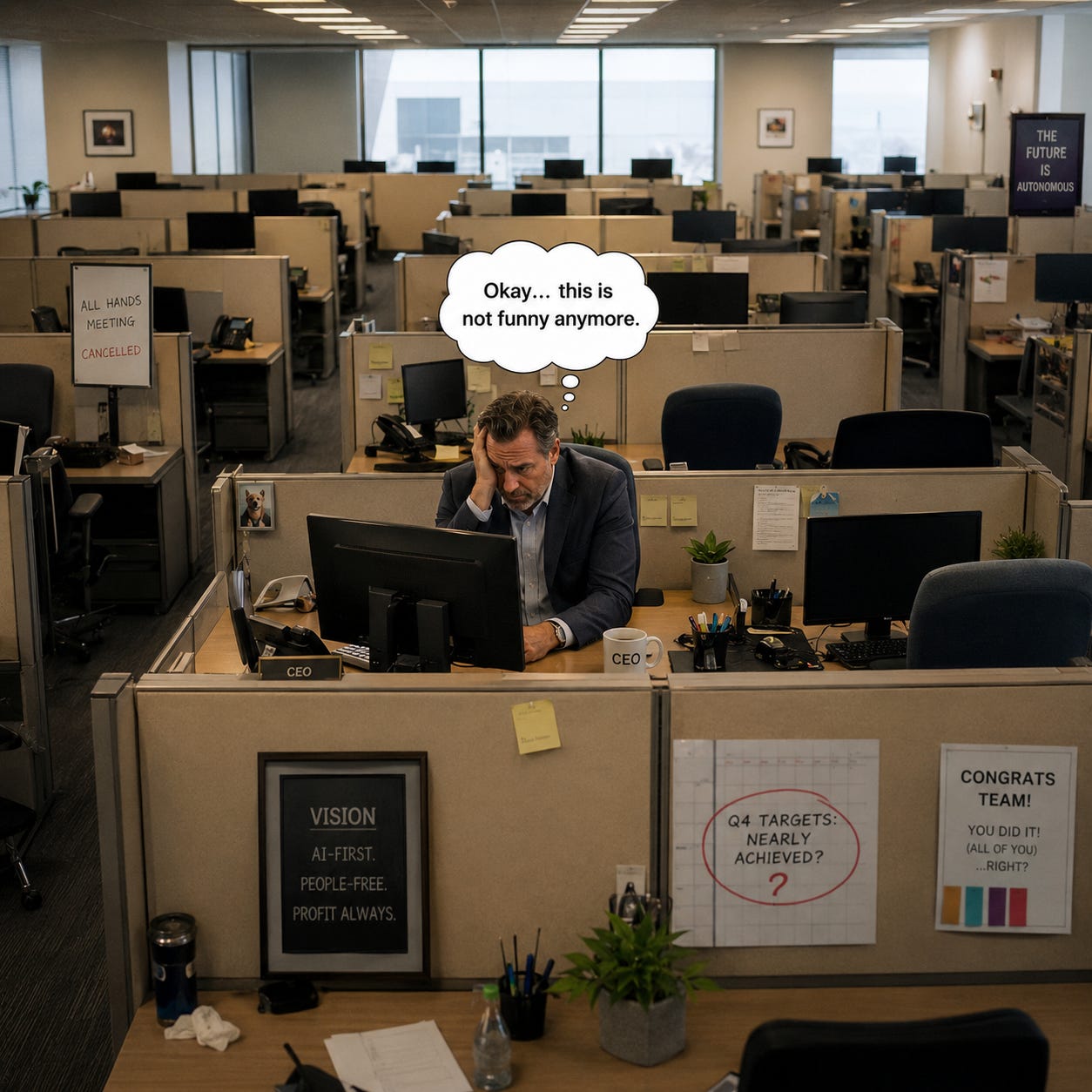 A lonely CEO sits in an empty office with a thought bubble saying, “Okay... this is not funny anymore.”