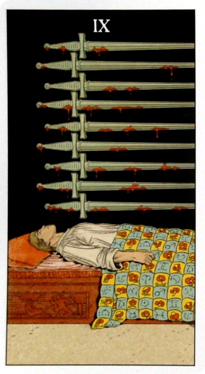The 9 of Swords tarot card and the Action oracle card.