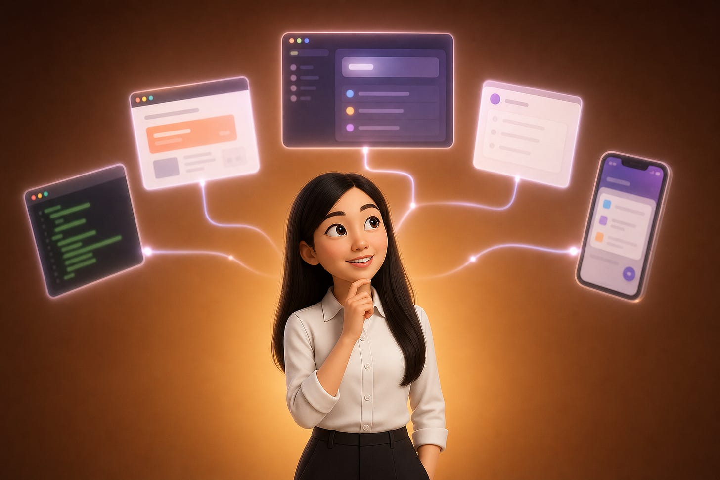 Pixar-style 3D illustration of Jenny Ouyang from Build to Launch standing at a control panel with five distinct interface panels floating around her — representing the five Claude surfaces and automation tools described in this guide