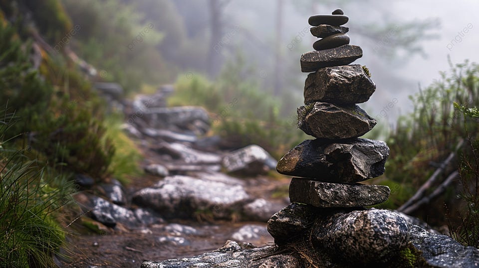 Stacked Stones Marking The Right Path Of A Mountain Path Background ...