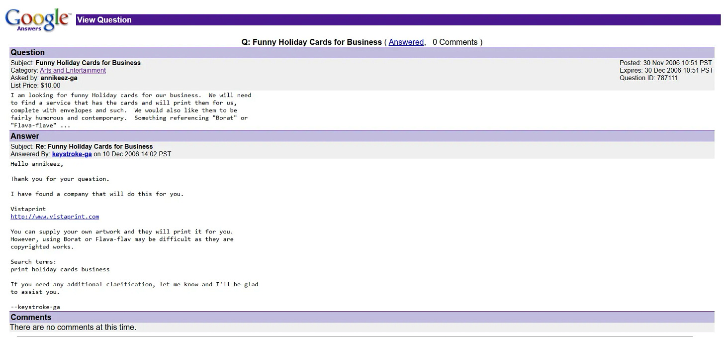 Ejemplo de pregunta y respuesta en Google Answers.