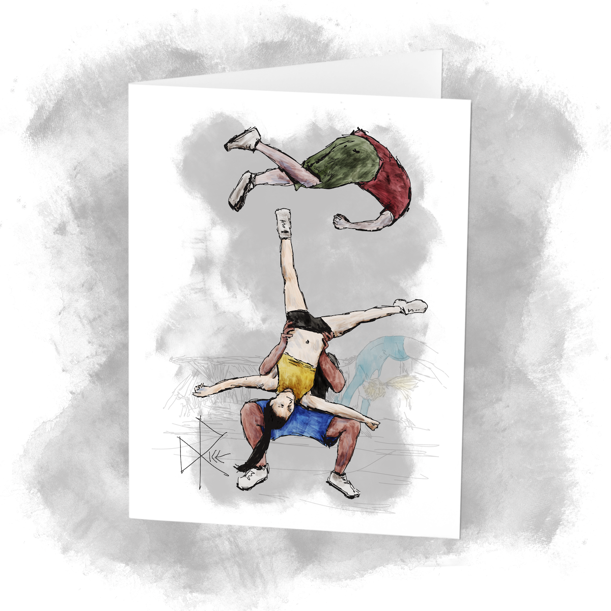 Upside down and arms extended, a woman spins as she is held securely at her hips by a man who lifts her in preparation for a throw. Another man has leaped high in the air and flips athletically. A woman tumbles in the background. Sketch art by Don Rice. Upside down and arms extended, a woman spins as she is held securely at her hips by a man who lifts her in preparation for a throw. Another man has leaped high in the air and flips athletically. A woman tumbles in the background. Sketch art by Don Rice.
