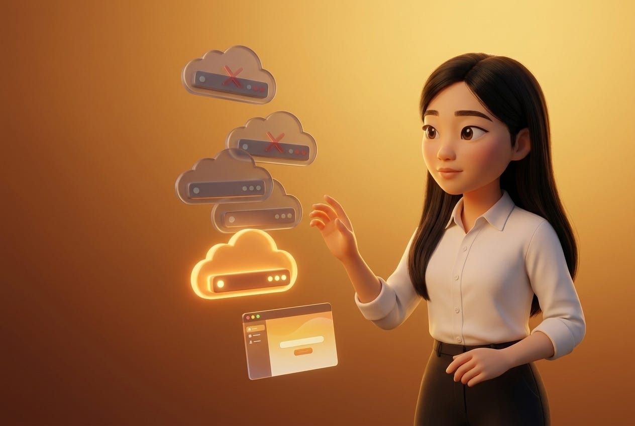 Pixar-style 3D illustration of Jenny Ouyang from Build to Launch observing a stack of floating cloud servers — two with red X marks, one glowing amber — and a desktop app window below, representing the hosting failures and architecture split in launching her first vibe coding app