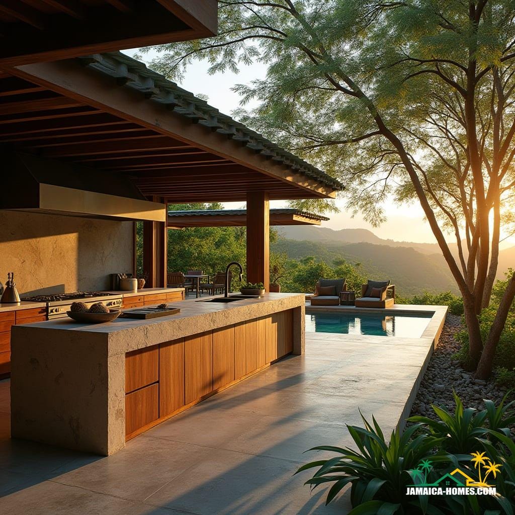 An ultra-luxurious outdoor kitchen, crafted from rich teak and mahogany, seamlessly integrated into a multimillion-pound off-the-grid wooden estate, nestled in the lush green mountains of Jamaica