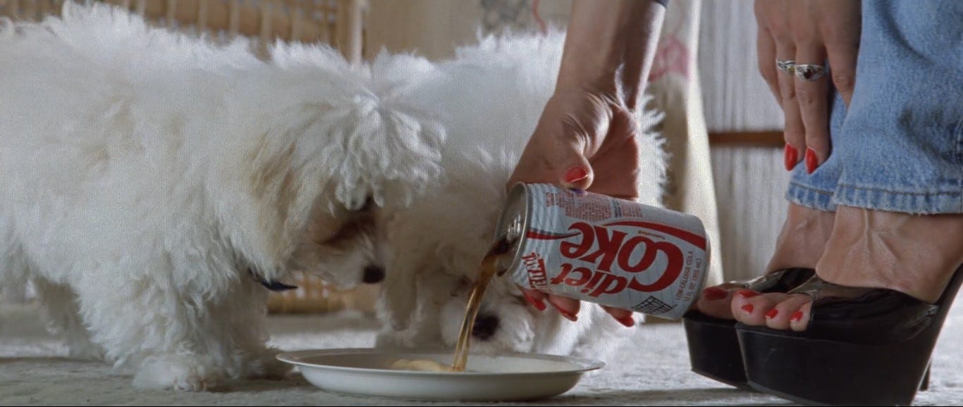 Two small white dogs drink from a dish of Diet Coke, poured by a woman with red fingernails, a red pedicure, and black peep-toe heels in "Huevos de Oro" (1993)