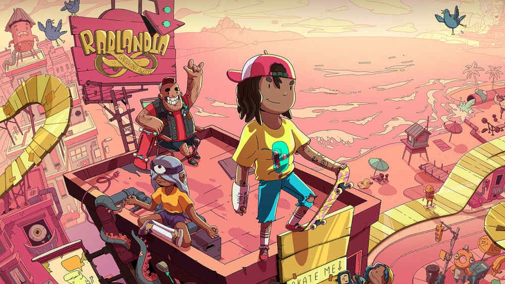 A woman holding a skateboard on top of a building in OlliOlli World A woman holding a skateboard on top of a building in OlliOlli World