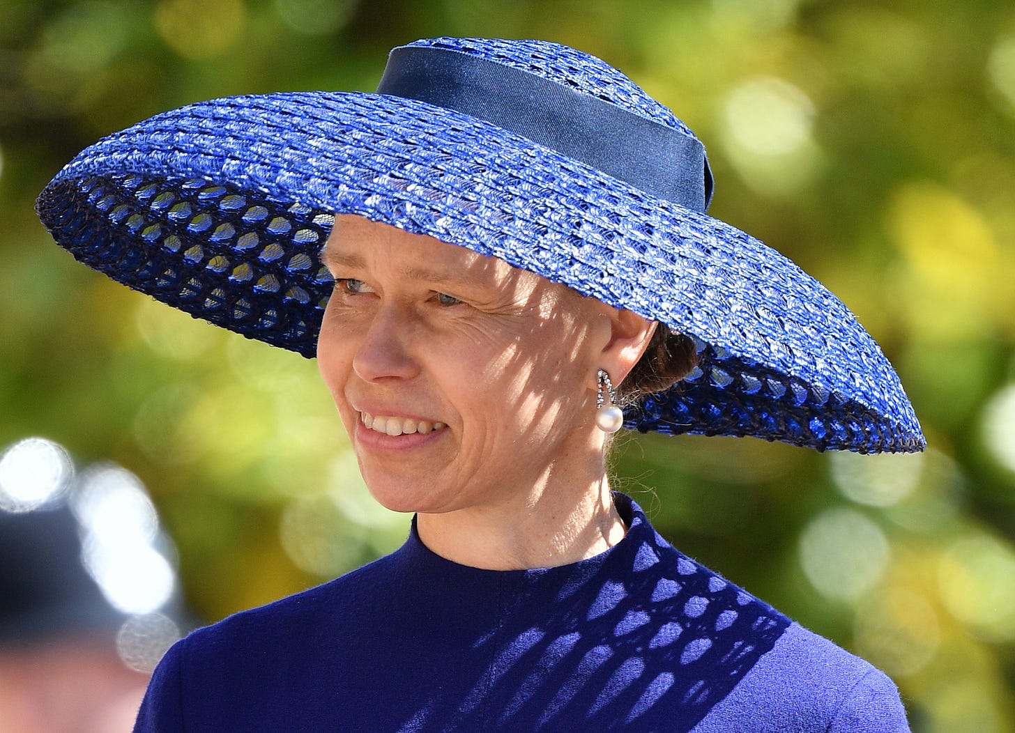 Lady Sarah Chatto wearing a blue hat at Harry and Meghan's wedding