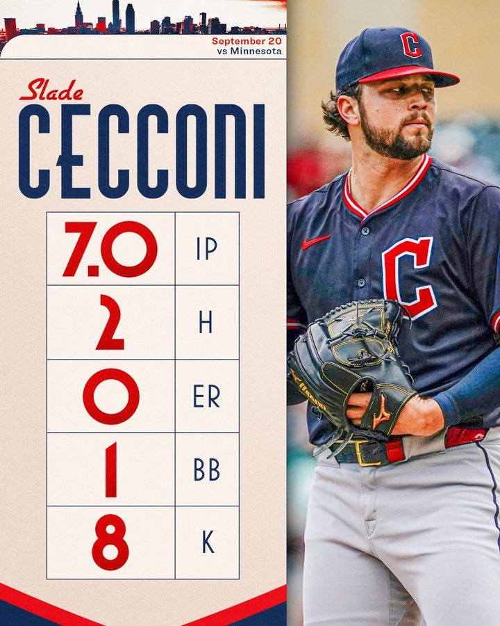 Slade Cecconi wearing a navy and red Cleveland Guardians baseball uniform, including a cap and glove, standing on a field. Text overlay shows 7.0 IP, 2 H, 0 ER, 1 BB, 8 K, and the date September 20 versus Minnesota.
