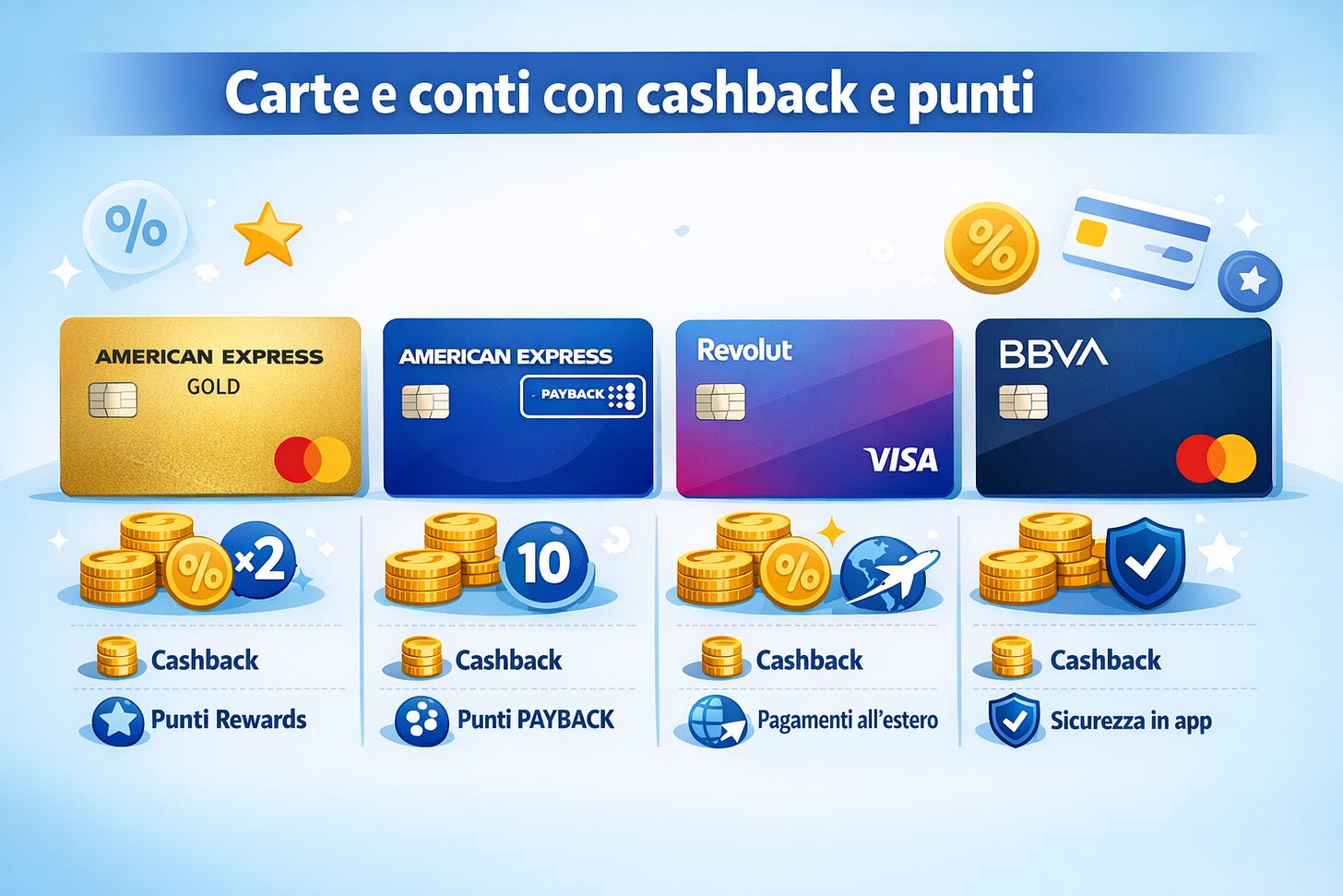 Confronto tra carte con cashback e punti fedeltà: American Express Gold, American Express PAYBACK, Revolut Visa e BBVA Mastercard con icone di cashback, percentuale e sicurezza. Confronto tra carte con cashback e punti fedeltà: American Express Gold, American Express PAYBACK, Revolut Visa e BBVA Mastercard con icone di cashback, percentuale e sicurezza.