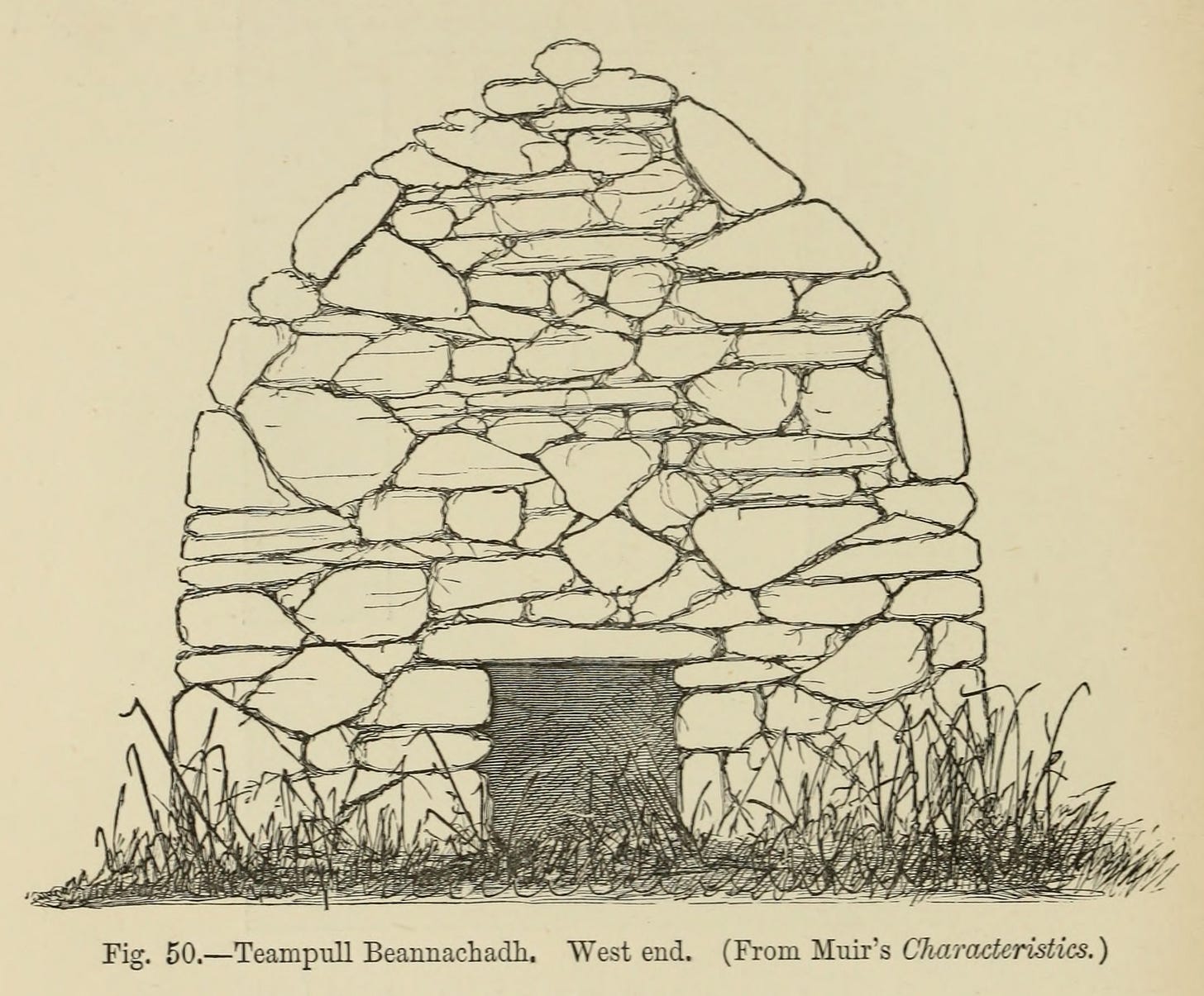 Nineteenth-century drawing of the small stone building known as Teampull Beannachadh on Eilean Mòr.