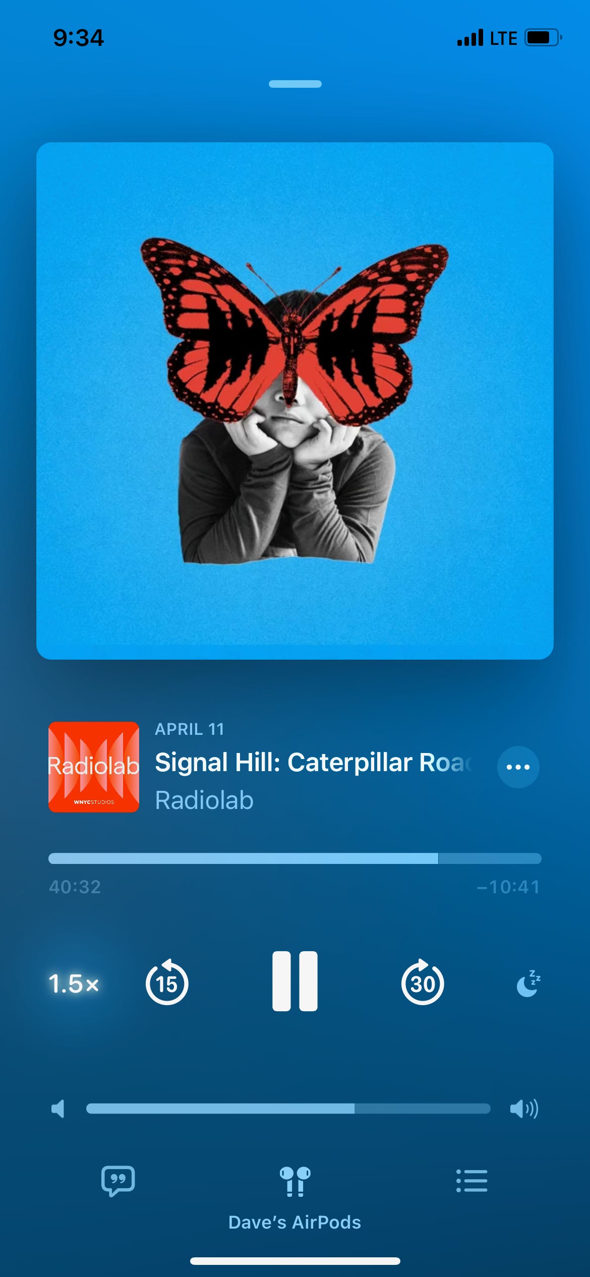 A screenshot of the Caterpillar Roadshow episode of Radiolab in the Apple Podcasts app