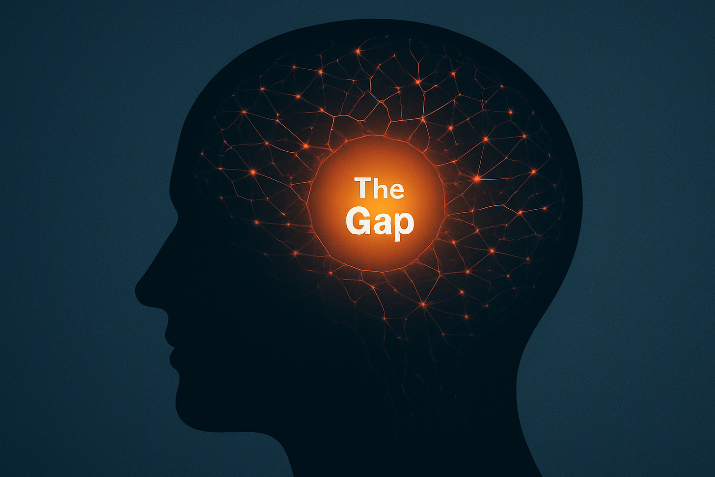 Human head silhouette with glowing neural network and radiant circle labeled “The Gap,” symbolizing emotional sobriety and the space between stimulus and response.