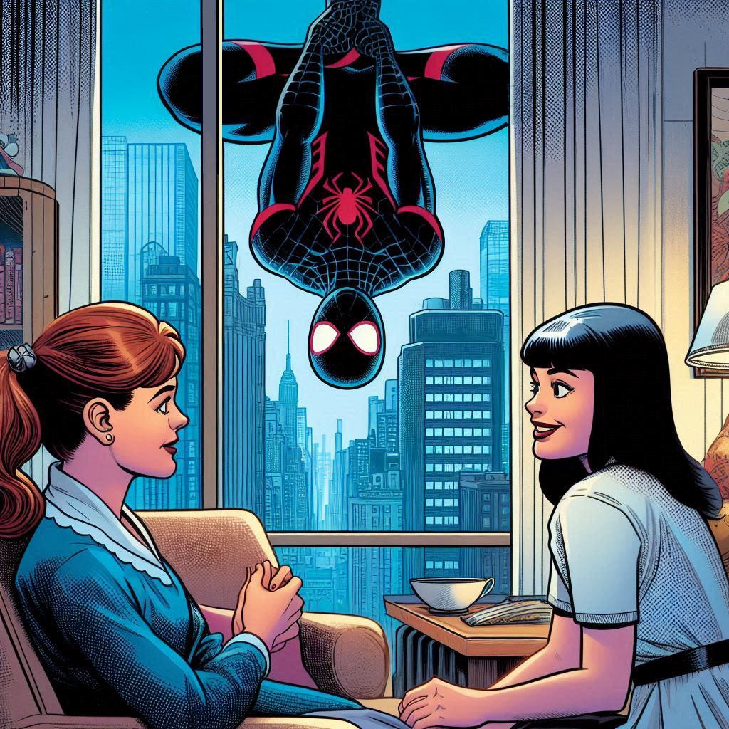 A shadowy Spiderman hangs upside down outside an apartment window, spying on a private conversation between Mary Jane and her friend.