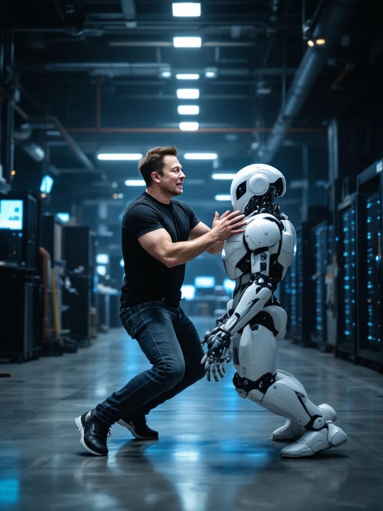 Elon Musk wrestling with humanoid robot
