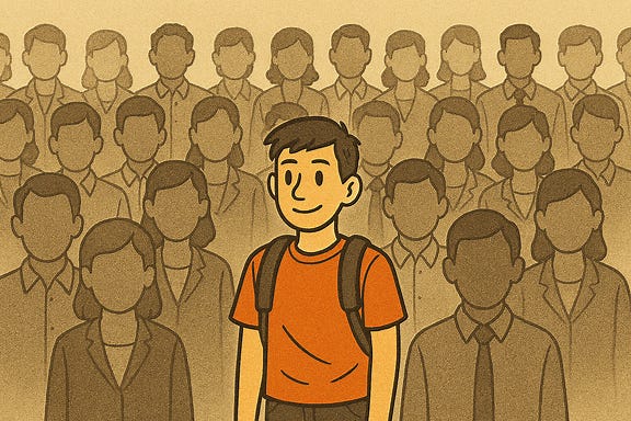 a wide-format illustration of a crowd of job applicants arranged in a three-dimensional perspective, with heads and bodies becoming more visible toward the front. One computer science student stands out through brighter colorization and detailed posture, placed a few rows back in the crowd—not in the front.