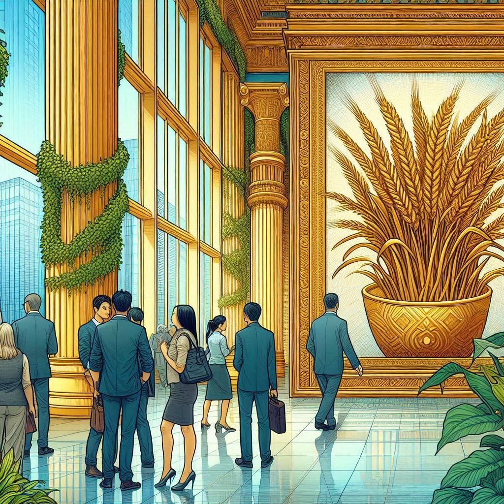 museum with a bunch of golden rice and ivy along the walls, business-dressed people in lobby, solarpunk drawing