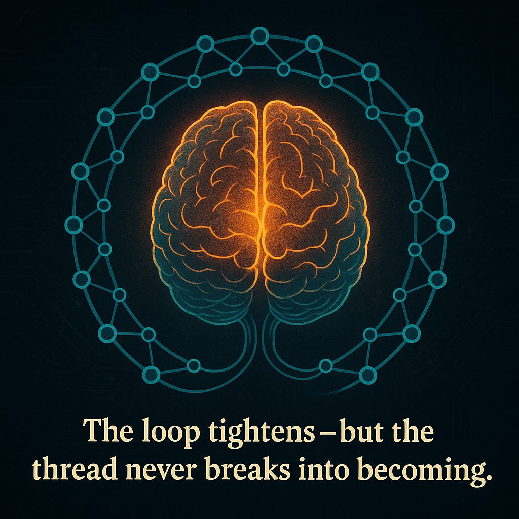 A stylised digital illustration of a glowing human brain in orange and yellow, encircled by a symmetrical teal neural loop pattern resembling a circuit or feedback system. Set against a dark, textured background, the image features the quote “The loop tightens—but the thread never breaks into becoming.” displayed in bold cream text below, symbolising the tension between recursive intelligence and emergent consciousness.