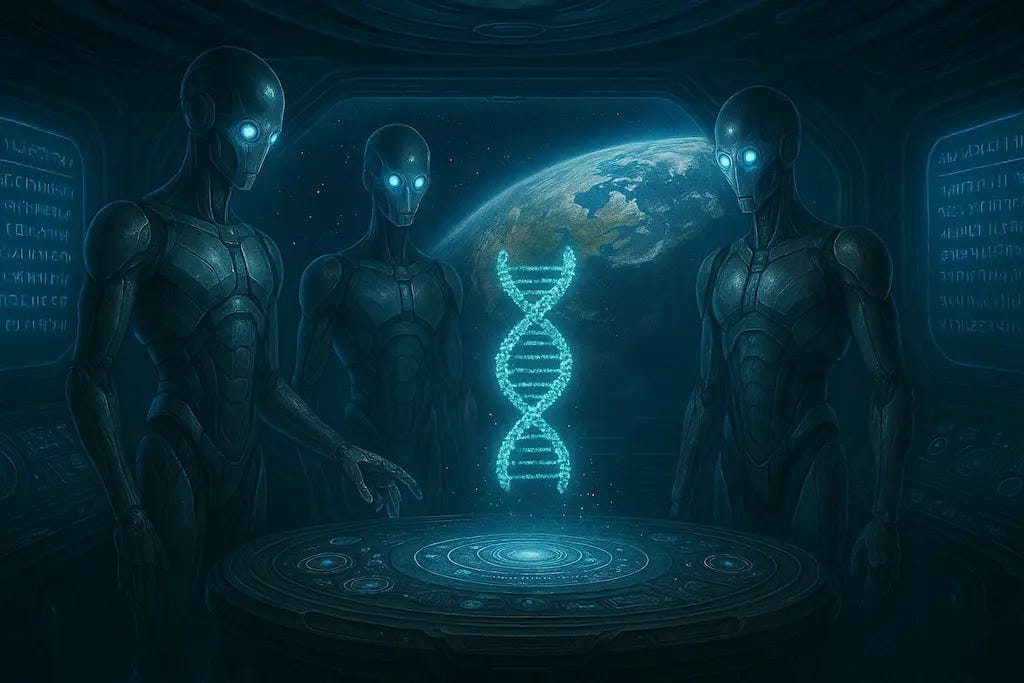 Três androides alienígenas analisam holograma de DNA em estação espacial com vista da Terra ao fundo.