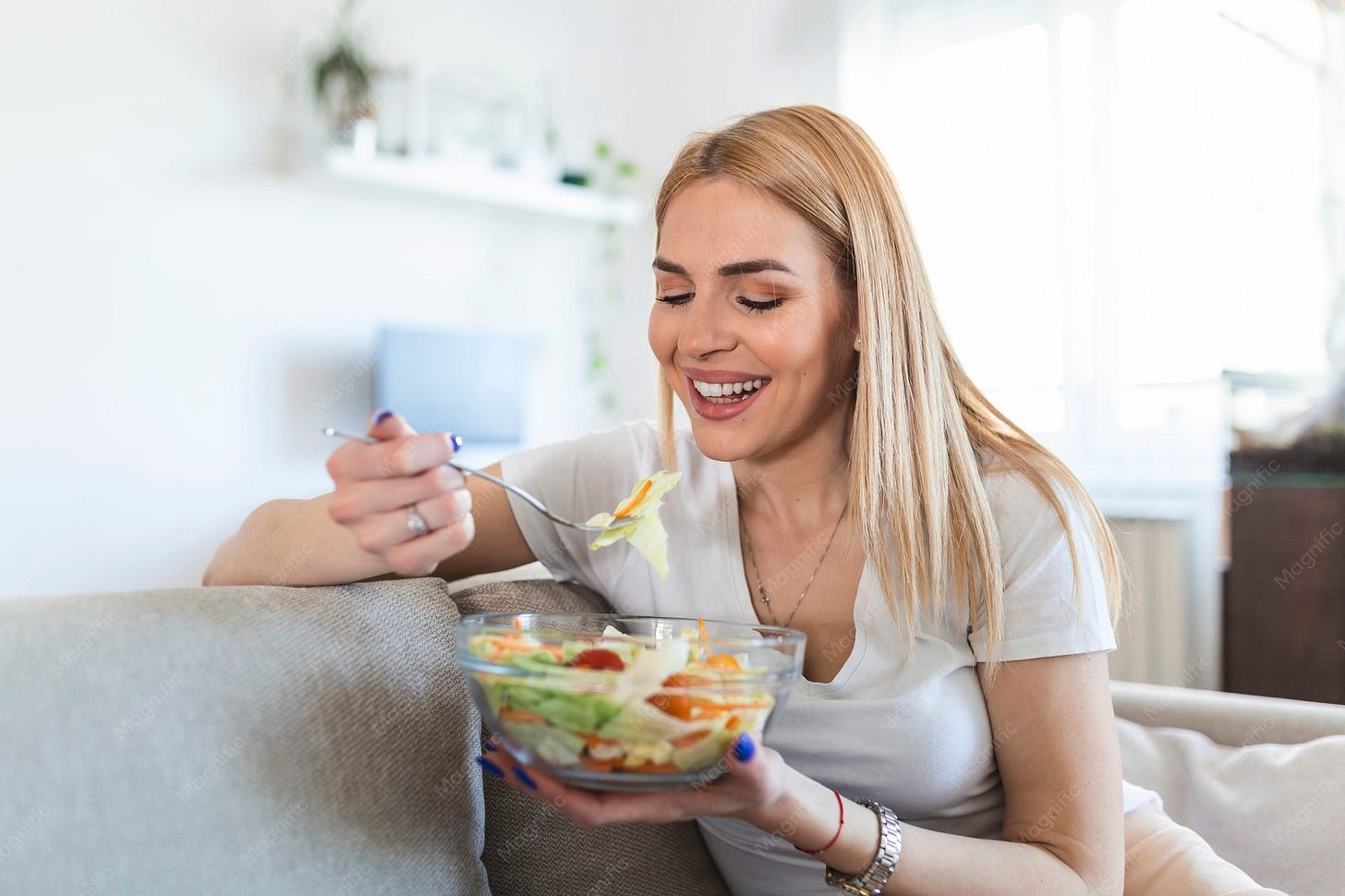Premium Photo | Healthy lifestyle woman eating salad smiling happy outdoors on beautiful day ...