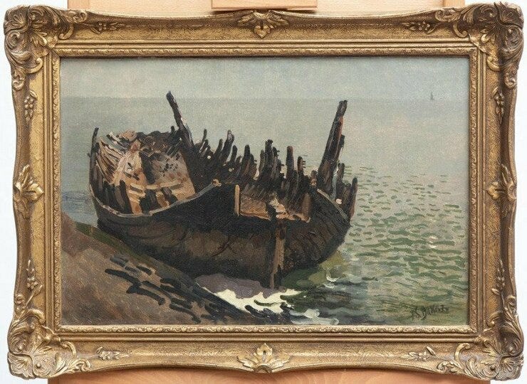 'Scheepswrak op het Veerse meer' - olieverf op doek: Reinier Bakels (kavel 64455921, Catawiki)