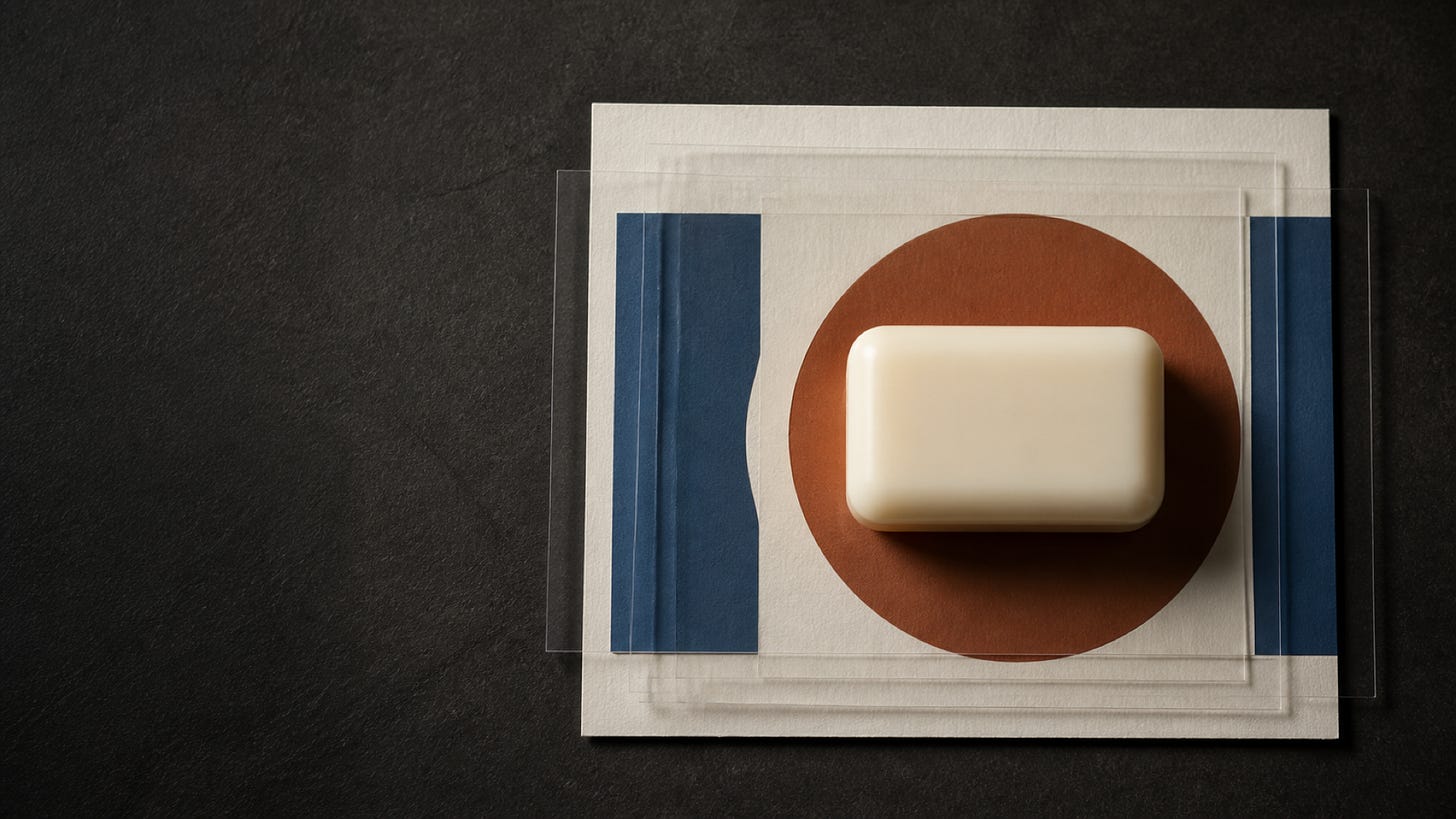 Rectangular white soap bar on layered blue, white, and brown geometric papers.