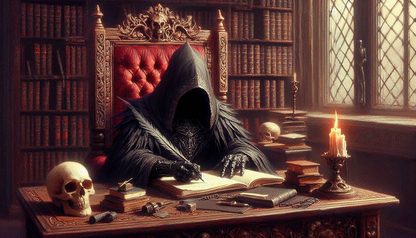 A hooded dark lord writes at his ornate desk with a black-feathered pen seated in a carved wooden throne with red-velvet padding. Behind him his office is filled with ancient leatherbound tomes. There is a skull and a burning wax candle on the desk. Slight impressionist style.