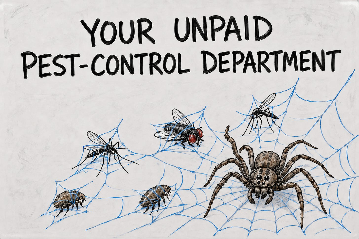 Whiteboard-style illustration titled “Your Unpaid Pest-Control Department.” A friendly house spider looks toward the viewer and raises one leg in approval while mosquitoes, flies and fleas remain trapped in its web. Whiteboard-style illustration titled “Your Unpaid Pest-Control Department.” A friendly house spider looks toward the viewer and raises one leg in approval while mosquitoes, flies and fleas remain trapped in its web.