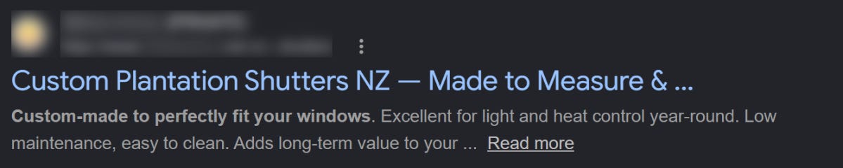 Google search result showing a long title tag truncated with three dots, store name blurred
