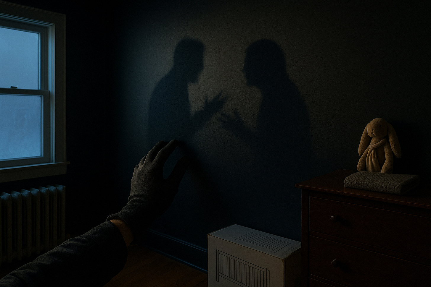 Matte-black nursery at dusk; two arguing silhouettes on the wall as a gloved painter’s hand reaches toward them; window, radiator, bunny, and crib box visible.