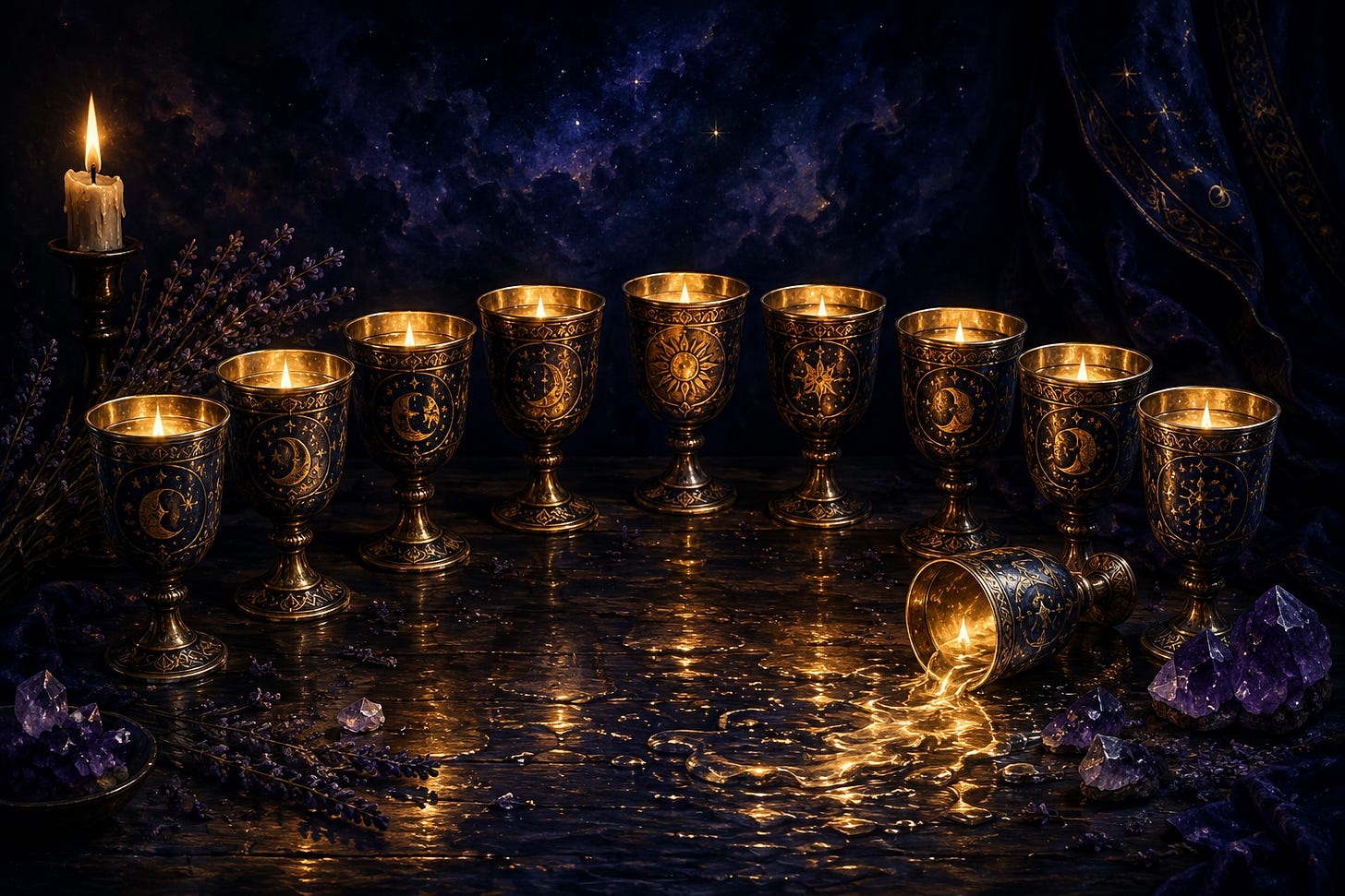 Ten golden goblets in a row on a reflective dark surface, lit by a single candle with dried lavender beside them.