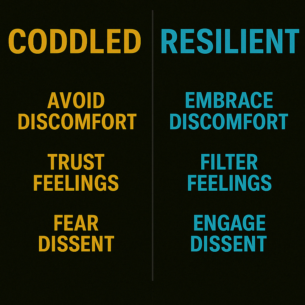 Side-by-side visual comparing the coddled mindset—avoid discomfort, trust feelings, fear dissent—with the resilient mindset—embrace discomfort, filter feelings, engage dissent.