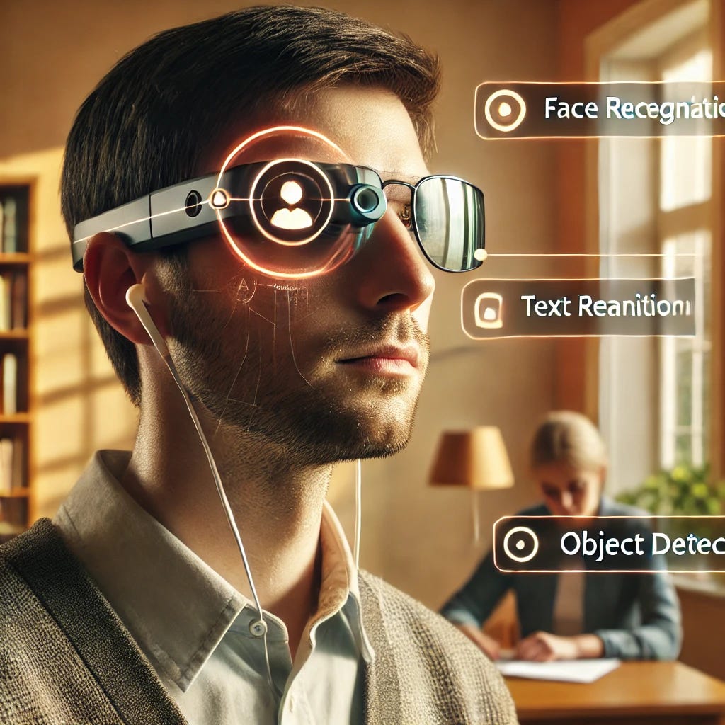 A visually impaired person wearing modern AI-powered glasses with an embedded camera at the center, connected to discreet earphones, standing in a well-lit room. The person is listening attentively as auditory feedback is delivered. On one side of the image, a transparent overlay illustrates the device’s functions: face recognition (showing a recognized face outline), text reading (highlighting a sign being read aloud), object detection (with a highlighted object and label). In the background, a desk shows notes being dictated and saved, emphasizing note-taking and independence. The environment is warm and accessible, symbolizing empowerment and technological inclusion.