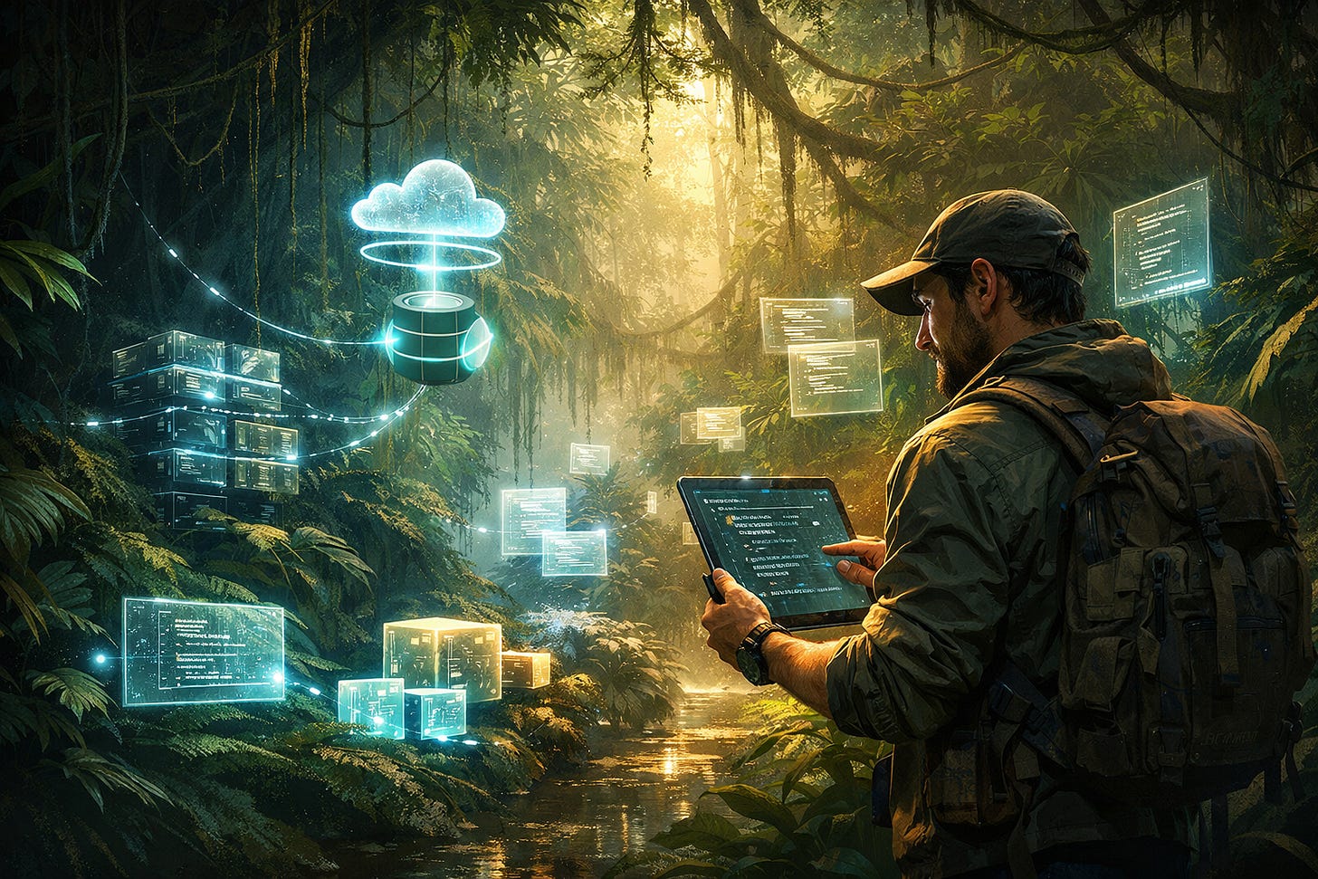 Researcher in a lush jungle using a tablet to manage glowing cloud data and digital interfaces. Researcher in a lush jungle using a tablet to manage glowing cloud data and digital interfaces.