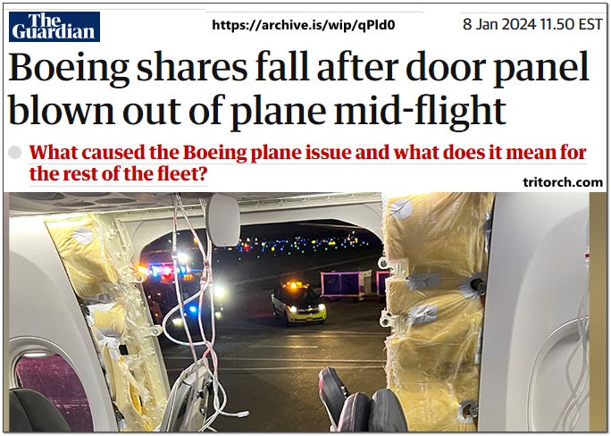 boeing shares fall after door panel blown out of plane mid-flight