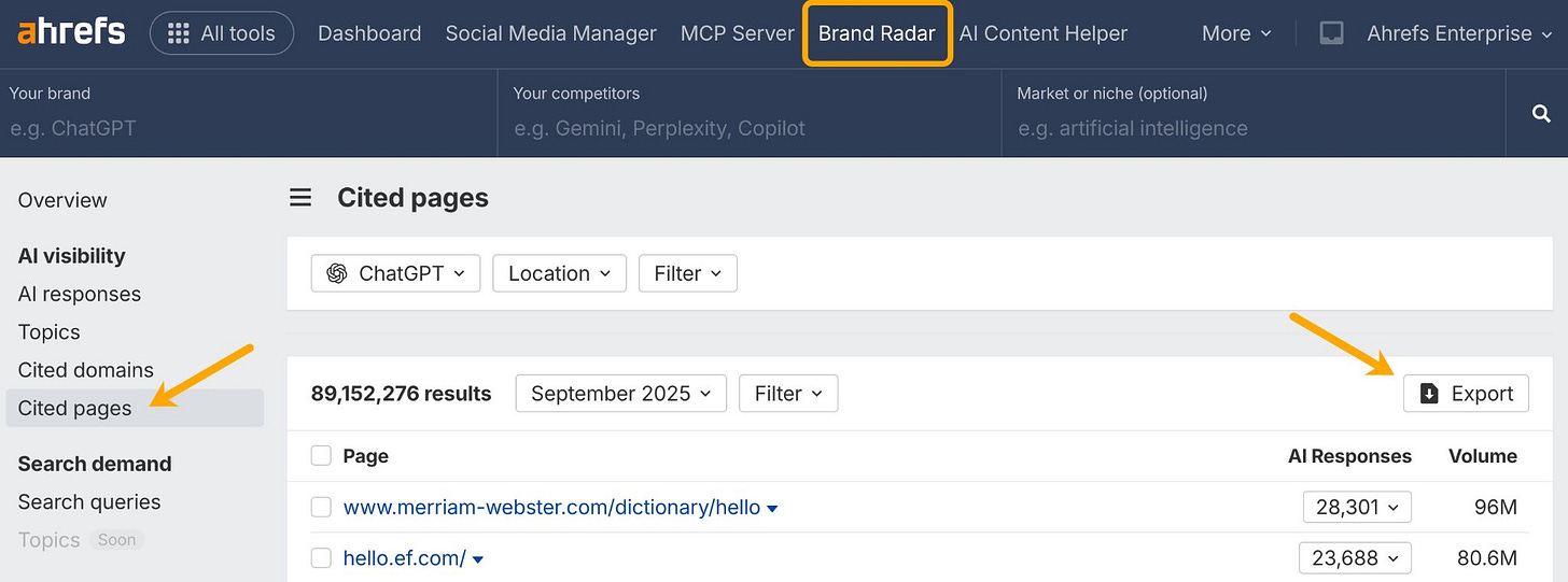 A screenshot of Ahrefs Brand Radar's Cited Pages report, with an arrow indicating the export button on the right of the page A screenshot of Ahrefs Brand Radar's Cited Pages report, with an arrow indicating the export button on the right of the page