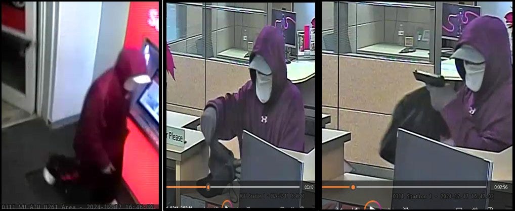 Surveillance images from the armed robbery of a Santander Bank in Weymouth, MA in December of 2024.