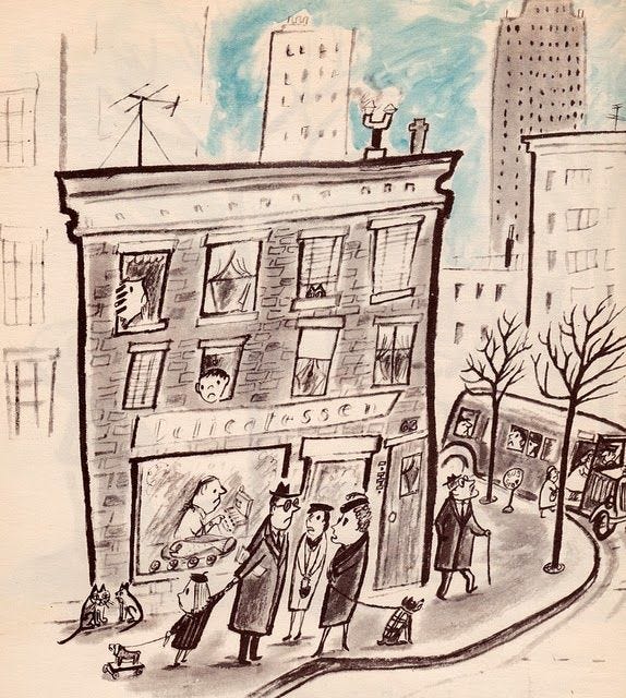This may contain: a drawing of people walking down the street in front of a tall building with lots of windows This may contain: a drawing of people walking down the street in front of a tall building with lots of windows