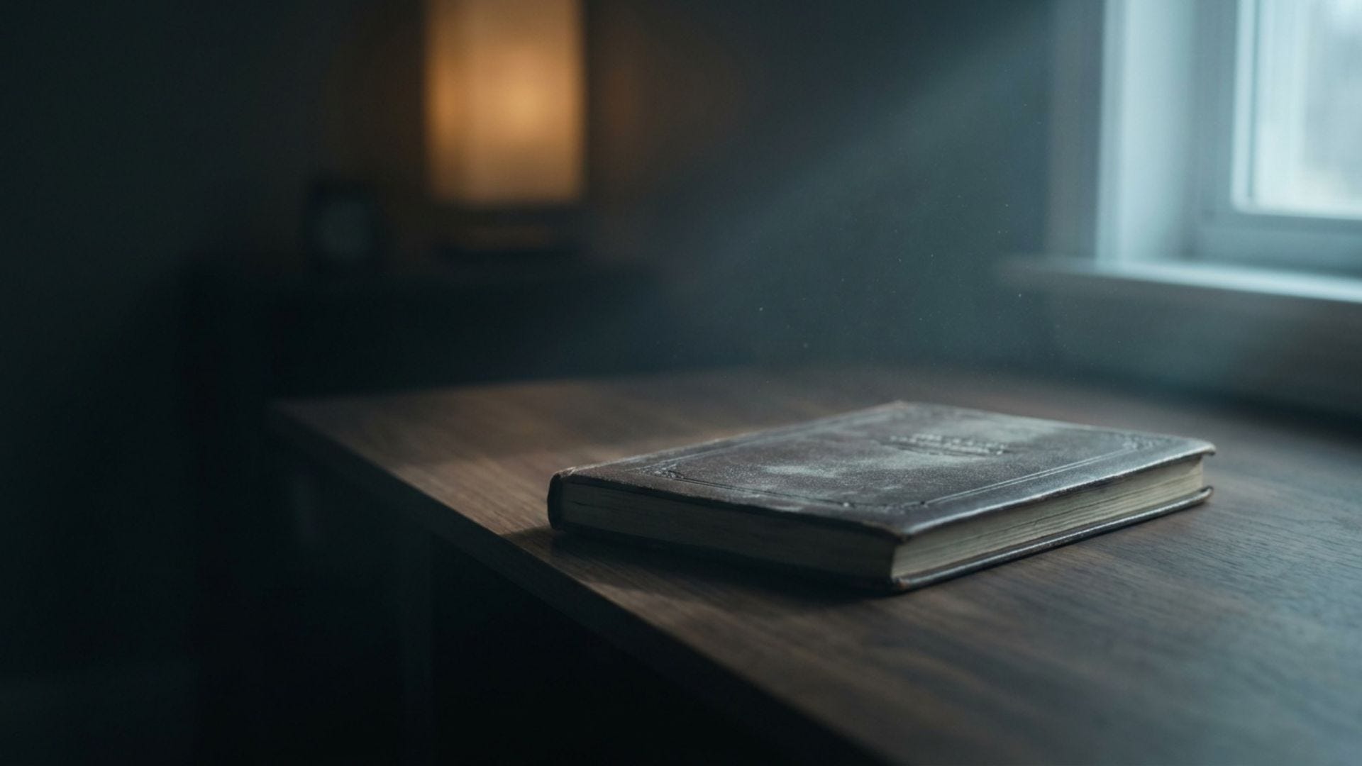 A single closed leather-bound journal resting on a dark walnut desk in a dim, quiet room. A thin, undisturbed film of dust has settled across the closed cover, visibly untouched for a long time. A narrow shaft of cool pale-blue daylight cuts diagonally across the frame from an off-camera window, catching suspended dust motes drifting in the air above the journal. Deep charcoal shadow fills the left third of the frame as clean negative space. A faint warm amber glow from a lamp sits far in the background, heavily out of focus. Cinematic still photography, shallow depth of field, strong chiaroscuro lighting, muted desaturated palette of charcoal grey, cool blue, and one warm amber accent. Photorealistic, high detail, no text, no lettering, no words, no people, no hands.