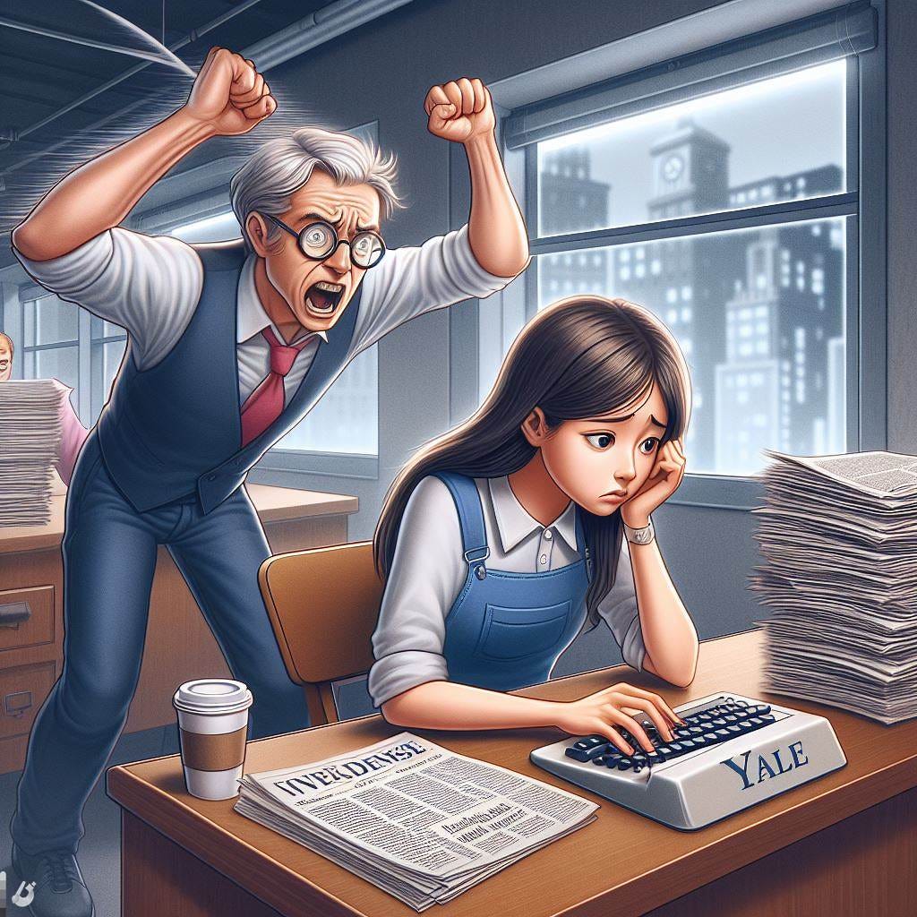 a Yale student typing as fast as they can in a sad cubicle as a newspaper editor cracks the whip to push her to write faster in an ivory tower a Yale student typing as fast as they can in a sad cubicle as a newspaper editor cracks the whip to push her to write faster in an ivory tower
