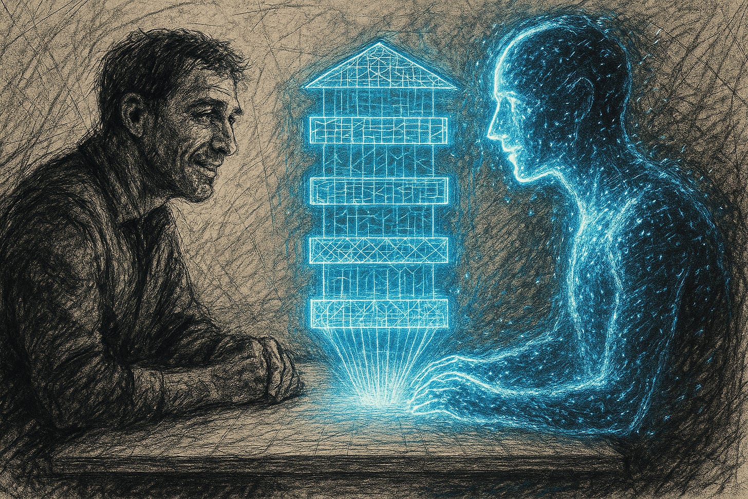 A hand-sketched, mixed-media drawing of a human operator and an AI made of light, connected by a glowing blue architectural blueprint.