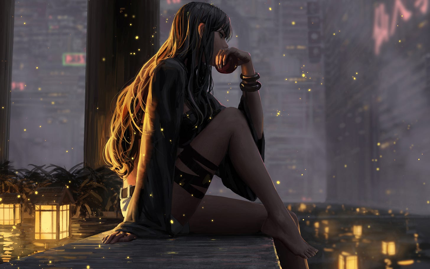 General 9010x5631 GUWEIZ original characters women fantasy girl profile lights barefoot oriental 2D artwork drawing