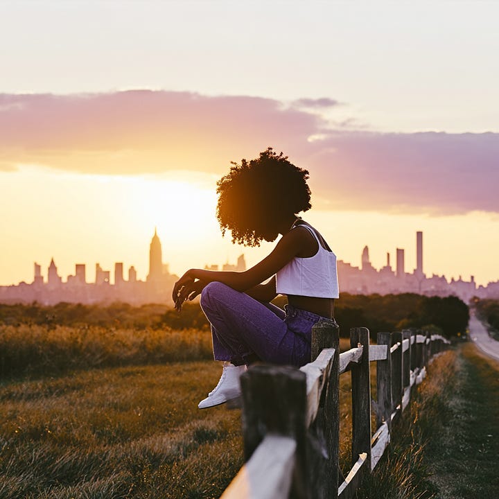 A black woman sits on the fence looking to a city skyline on the horizon.