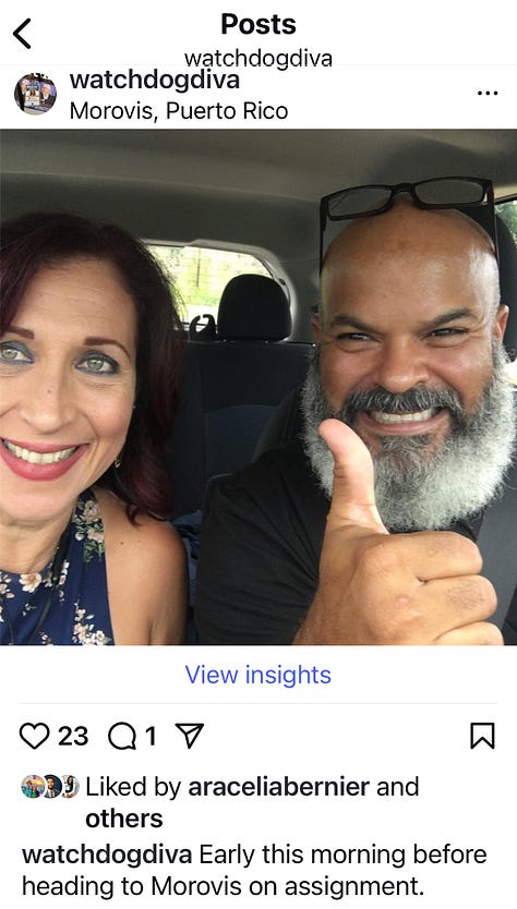 Mc Nelly Torres as the recipient of the 2022 Gwen Ifill Award (top left), recording an audio piece in Spanish in her closet, on assignment in Puerto Rico after Hurricane Maria with photographer Angel Valentin, as Sun-Sentinel staff at the NAHJ convention in 2006 and last picture in Humacao after Hurricane Maria. 