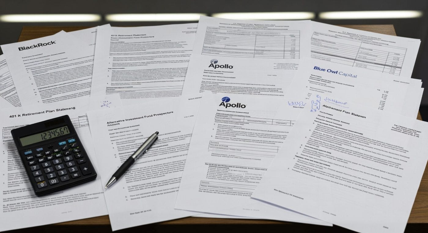 Financial documents from BlackRock, Apollo, and Blue Owl Capital with calculator and pen