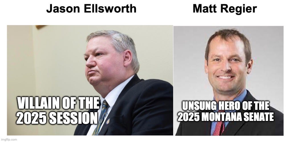 May be an image of 2 people and text that says 'Jason Ellsworth Matt Regier VILLAIN OF THE 2025 SESSION imgflip.com com UNSUNG HERO UNSUNGHEROOFTHE OF THE 2025 MONTANA SENATE'