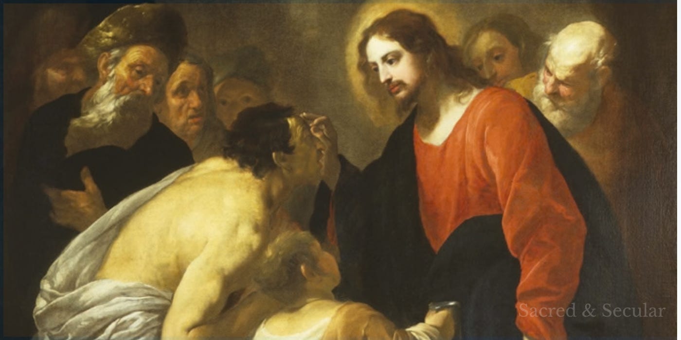 Seventeenth-century painting of Jesus leaning towards and touching a blind man as several people watch closely around them. Seventeenth-century painting of Jesus leaning towards and touching a blind man as several people watch closely around them.