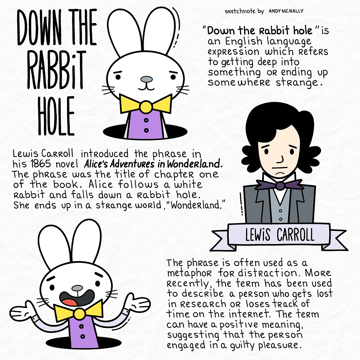 a sketchnote about the meaning of the phrase, down the rabbit hole
