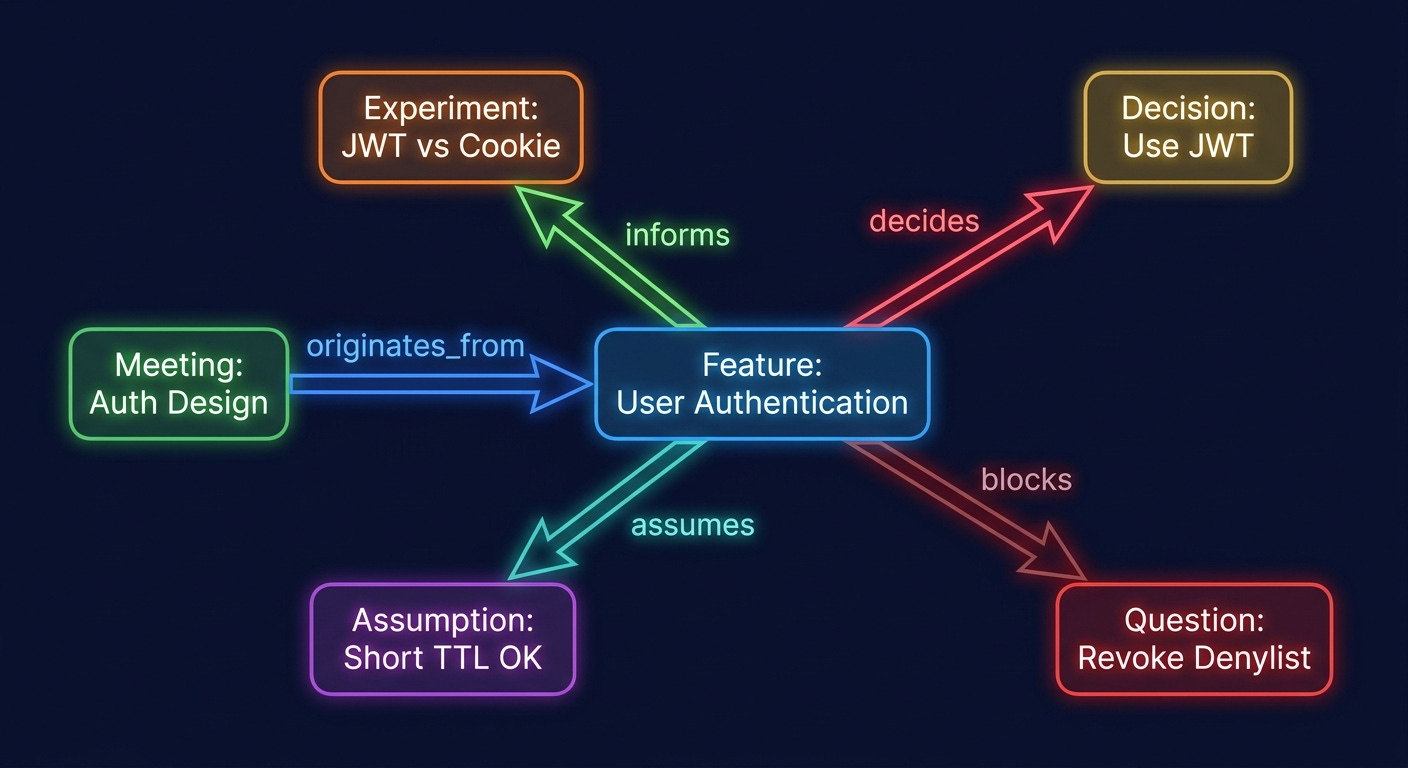 AI Agents knowledge graph: typed directed edges: decides, informs, blocks, assumes, invalidates: connecting PKC concept nodes including Feature, Decision, Experiment, Meeting, Question, and Assumption AI Agents knowledge graph: typed directed edges: decides, informs, blocks, assumes, invalidates: connecting PKC concept nodes including Feature, Decision, Experiment, Meeting, Question, and Assumption
